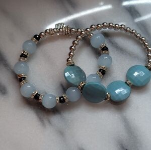 Handcrafted  Silver and Blue Beaded 2-pc. Bracelet Set